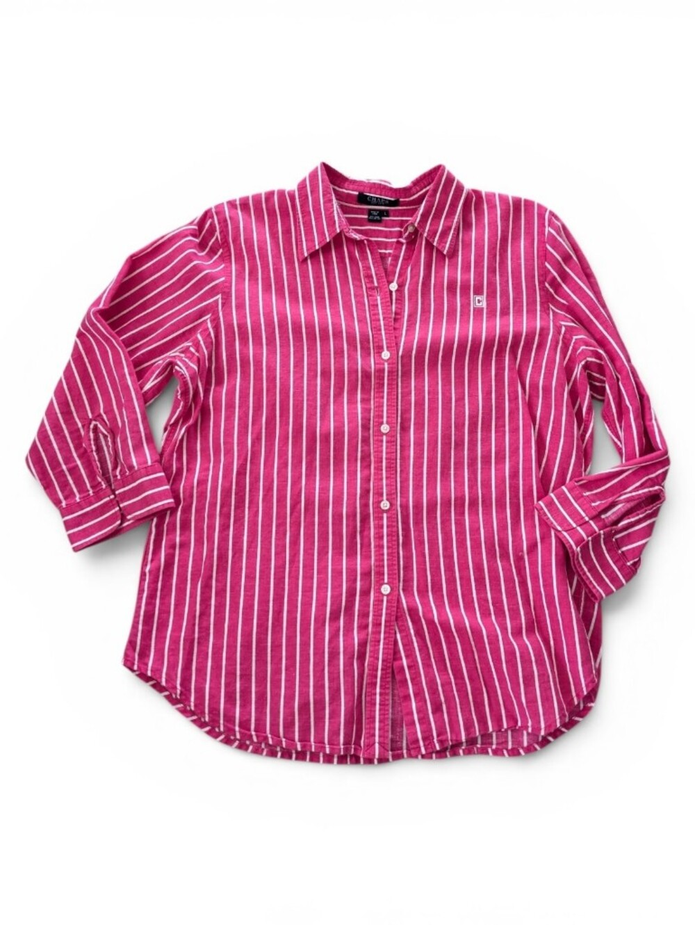 Chaps Womens Pink White Striped Linen Blend Button Down Shirt Size Large